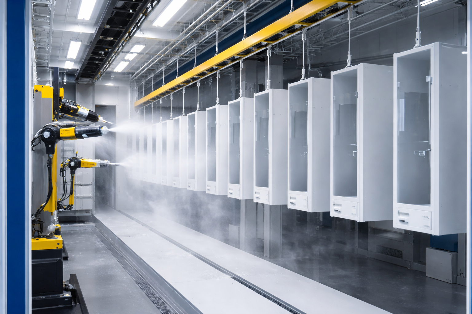 "Automated electrostatic spraying robot applying powder coating on precision metal cabinets"
