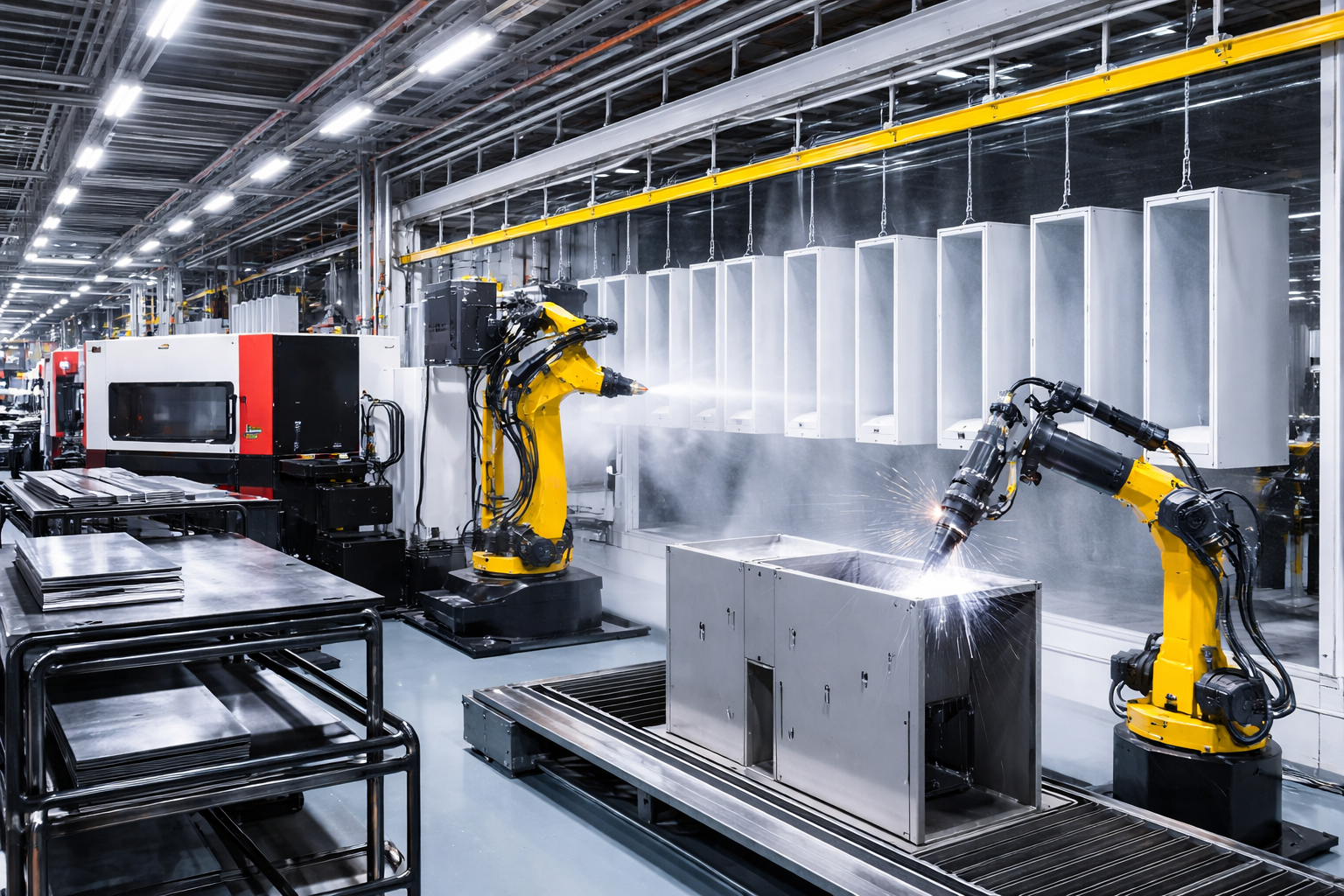 "Industrial electrostatic powder coating production line with robotic metal spraying"